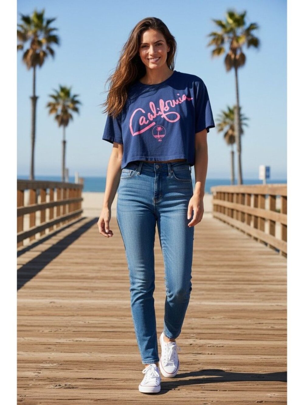 Vintage C & H California Graphic Cropped T-shirt Single stitch Blue Pink medium